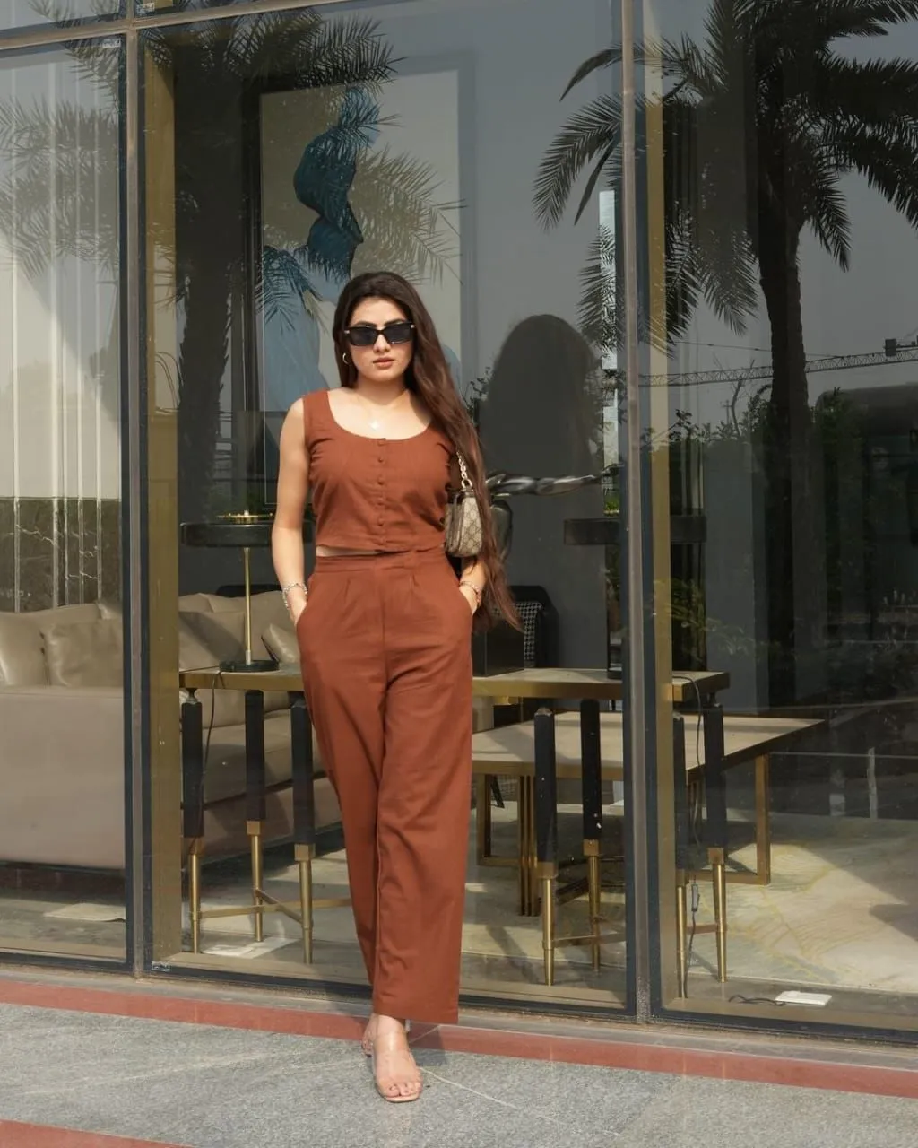 Square Neck Crop Top With Trousers