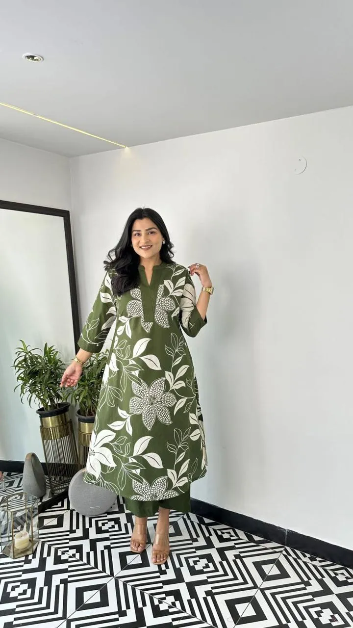Trendy Stylish Women's Green Printed Coord Set with Long Kurta & Pant