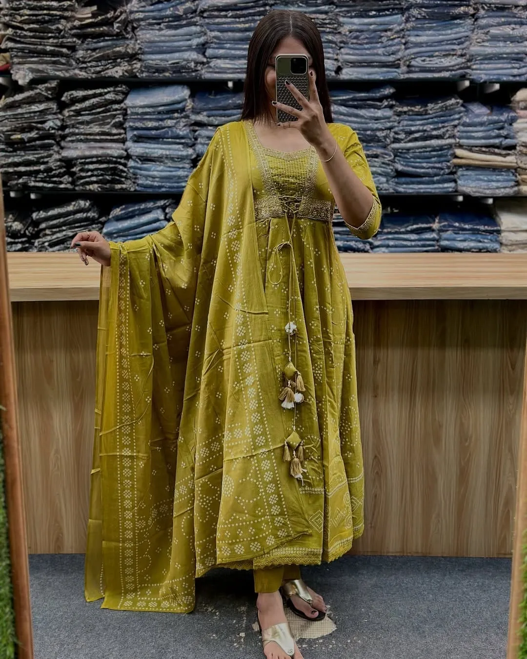 Women Olive Green Floral Motifs Embroidered Sequinned Kurta with Churidar & Dupatta