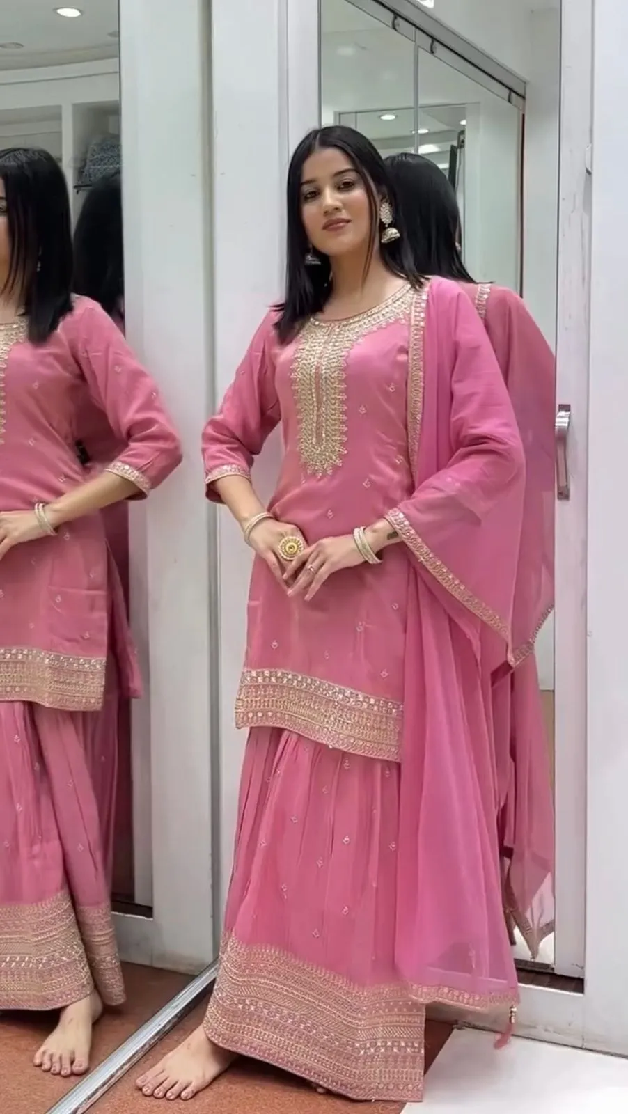 New Collection Heavy Chinon Silk Top-Sarara And Dupatta Set Fully Stitched Ready To Wear