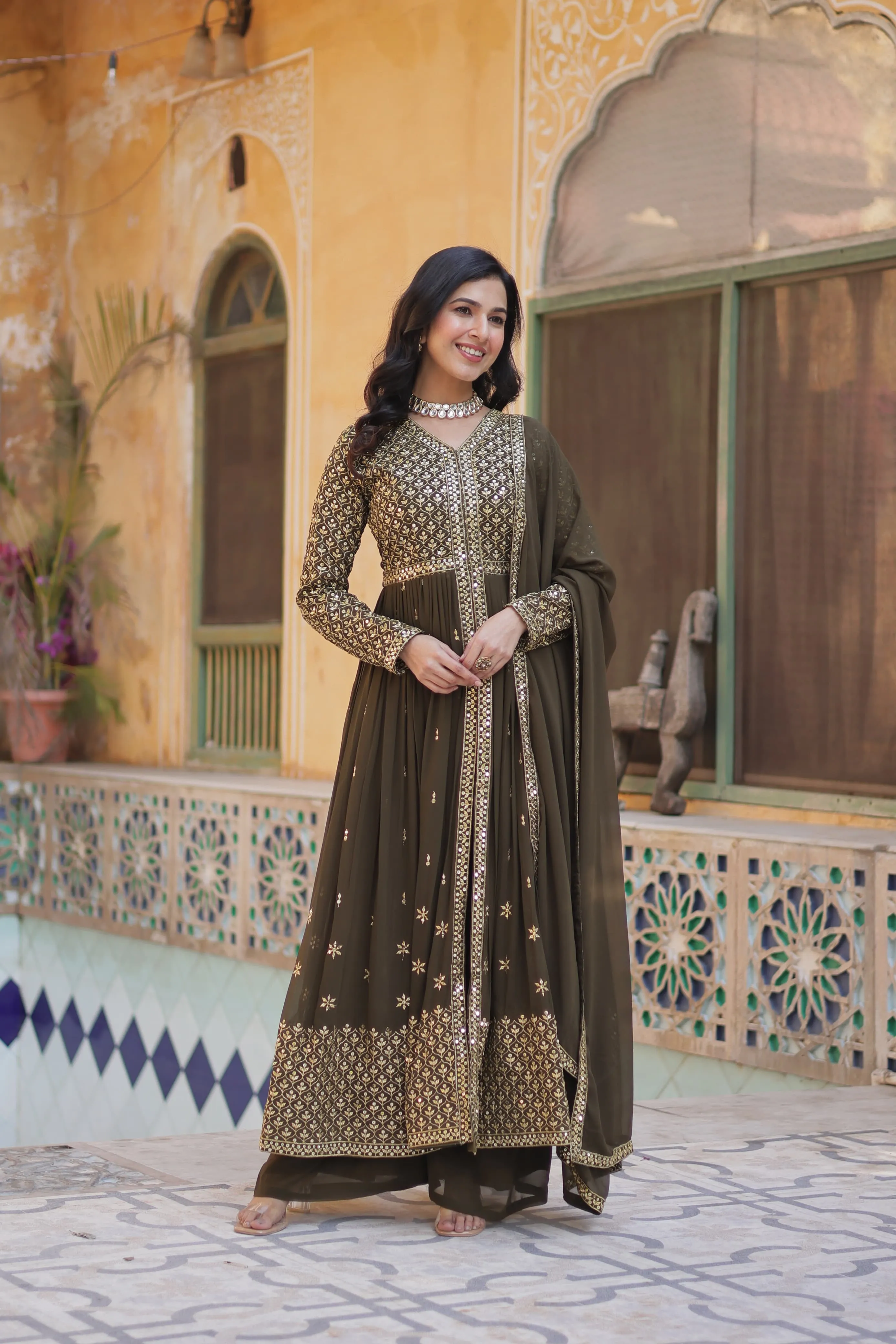 Mehendi Green Enchanting Sequined Faux Georgette Gown with Dupatta Set