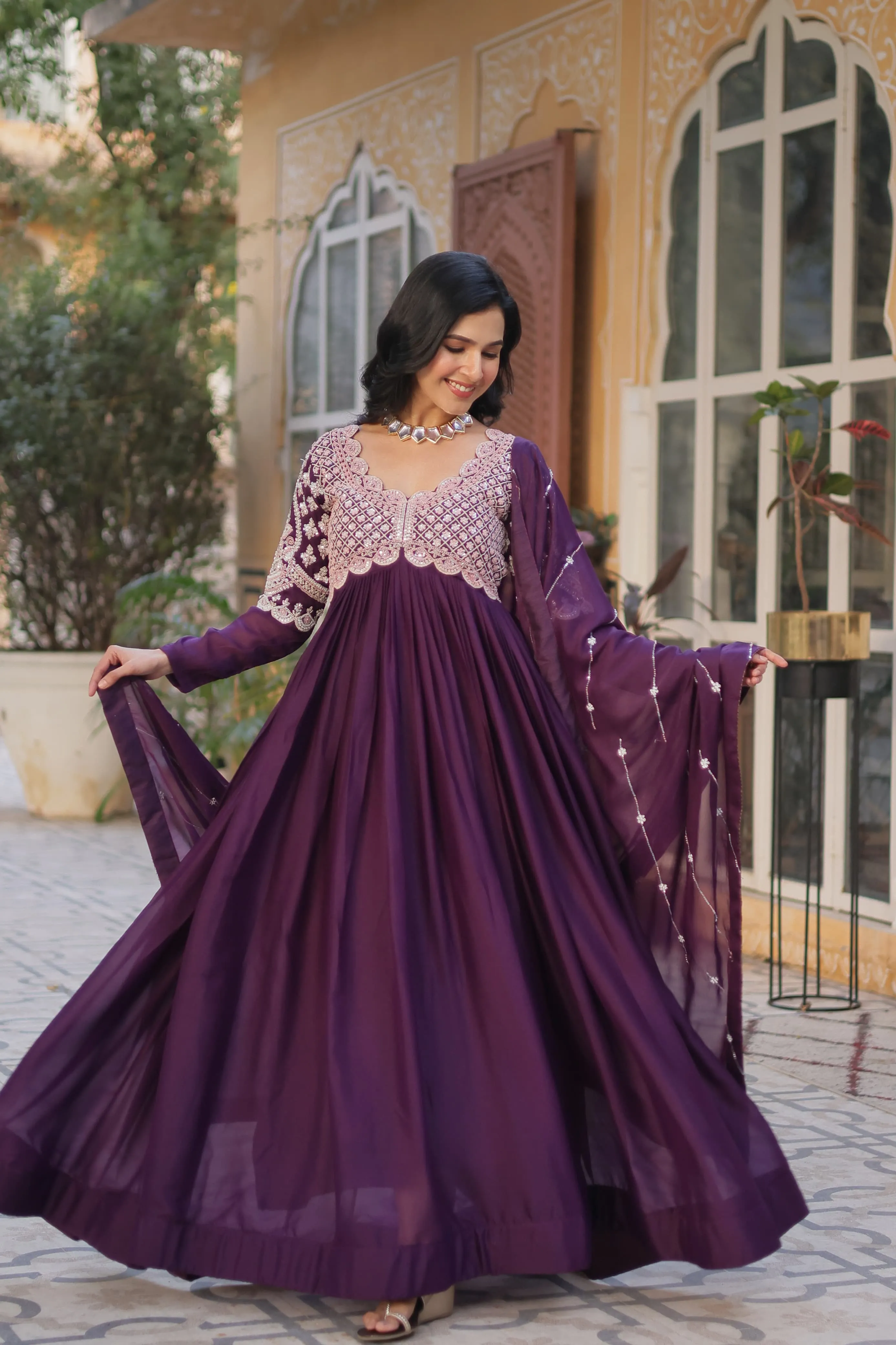 Women Embroidered Gown Dress with Dupatta