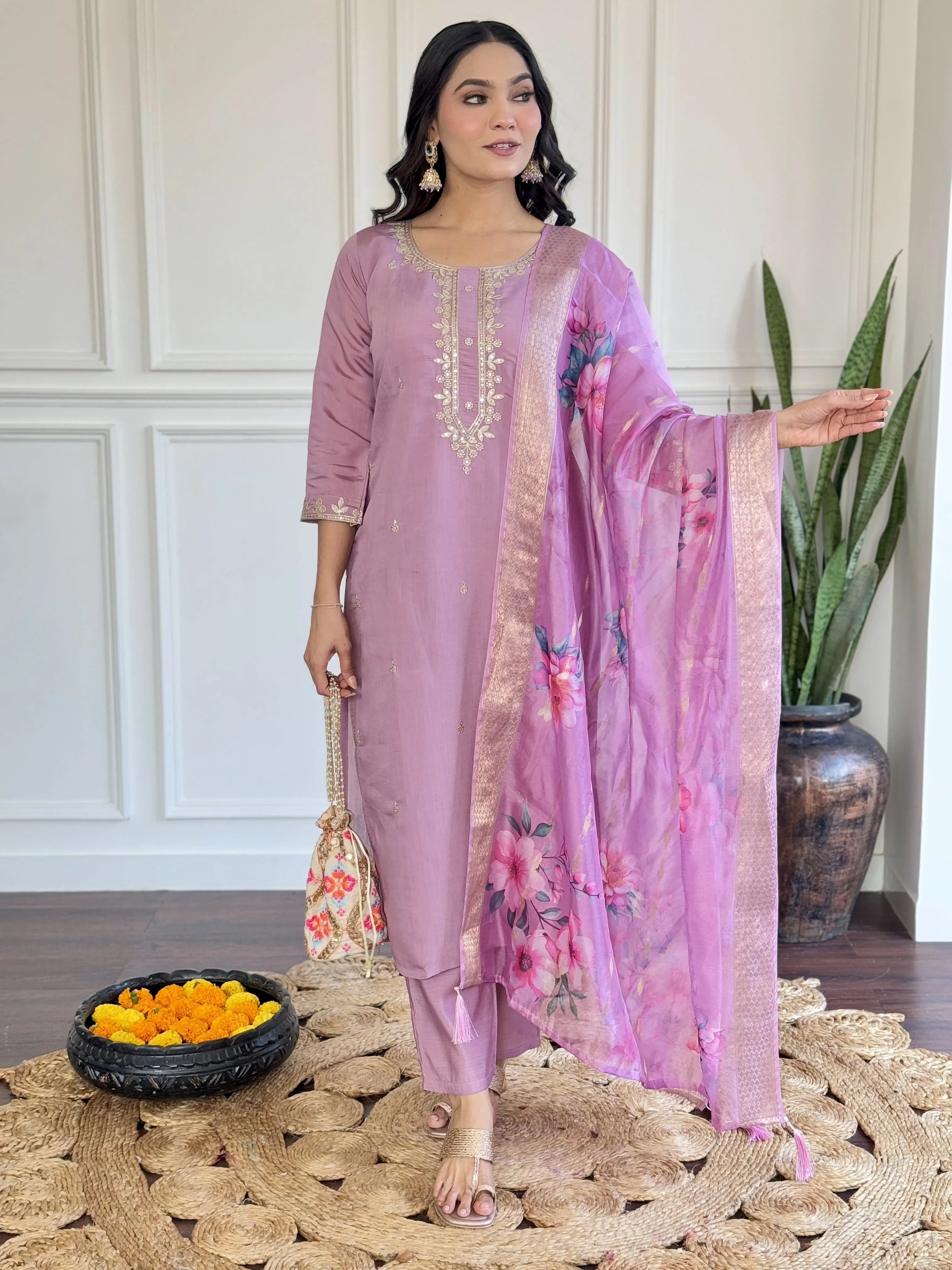 Onion color viscose chanderi fabric embroidered kurti