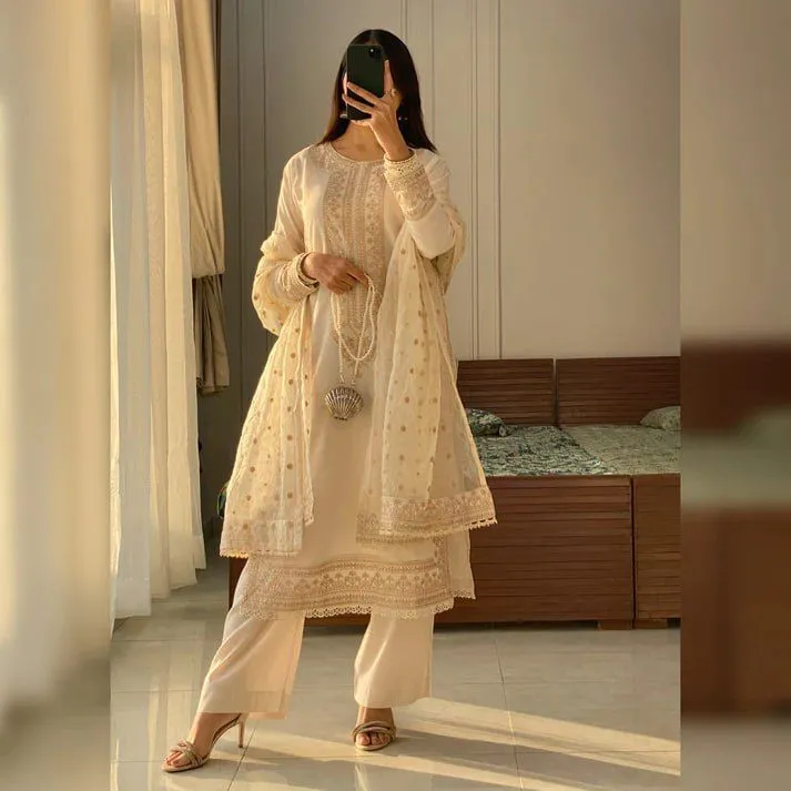 DESIRABLE FANCY ROMAN SILK SEQUENCE EMBROIDERED COTTON WORK TOP AND PENT WITH DUPATTA