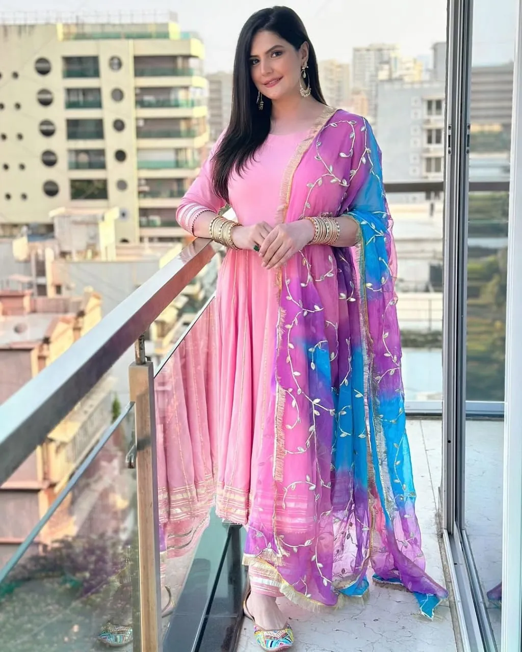 Women's / Indian Anarkali Suit, Rayon Kurti with Palazzo Pants, Chiffon Dupatta, Gota Patti Work