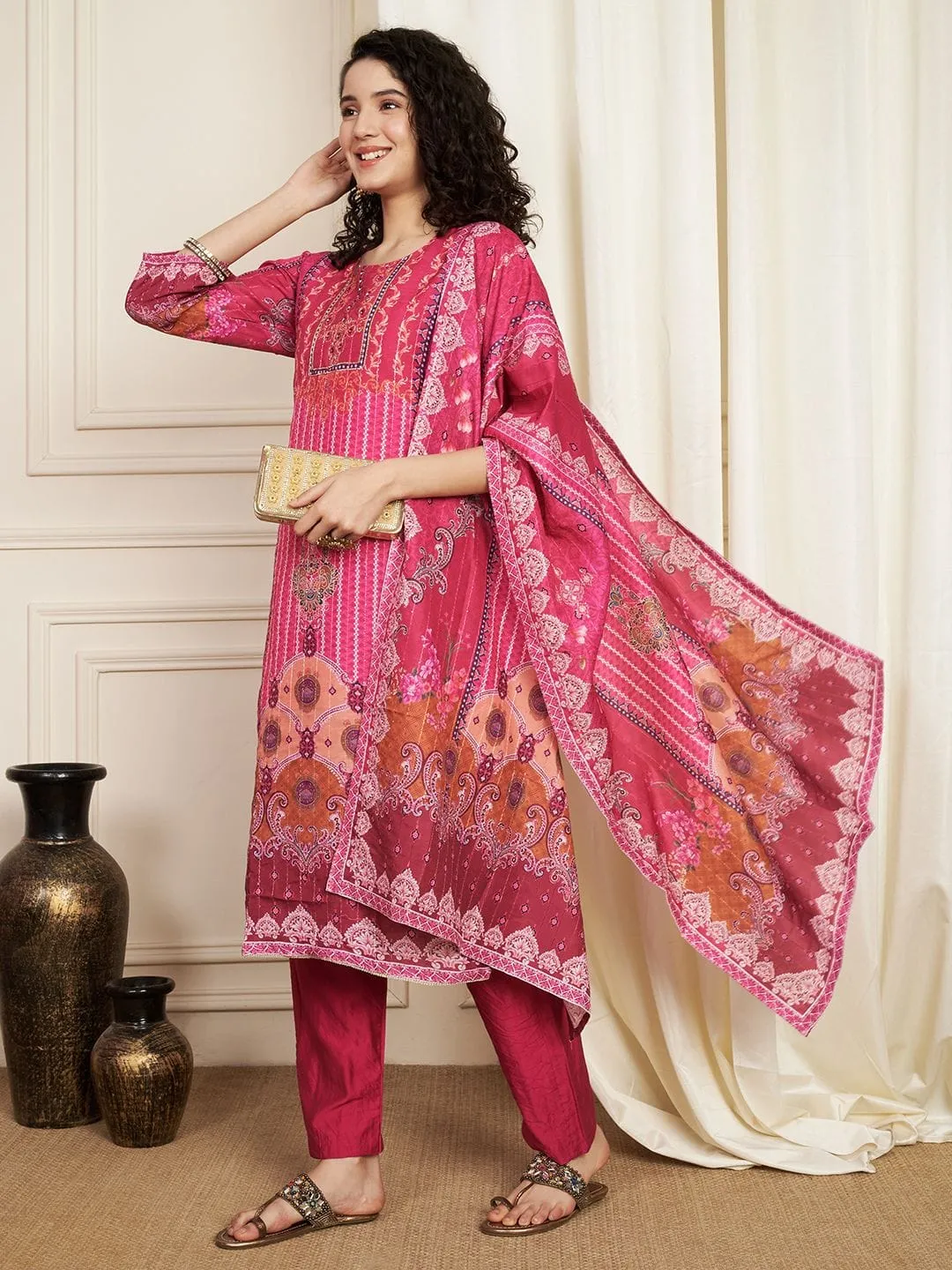 Pink Printed Kurta Trousers with Dupatta