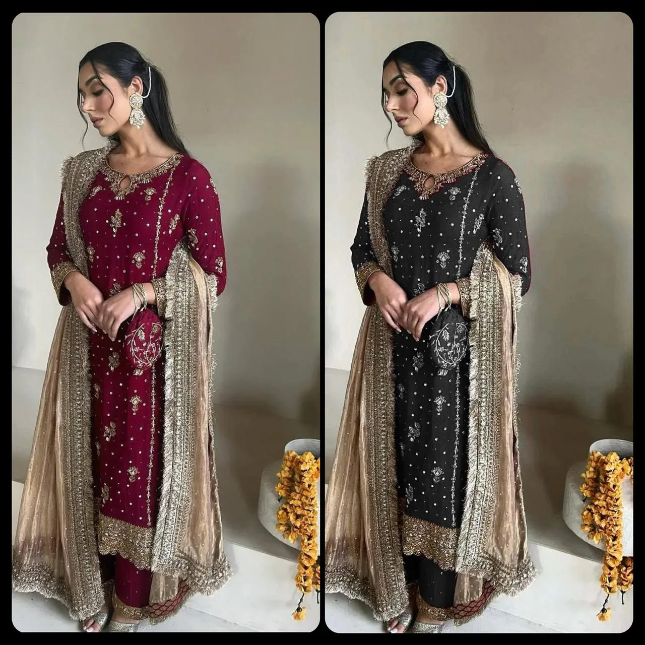 DESIRABLE FANCY FAUX GEORGETTE WITH SEQUENCE EMBROIDERED AND ORIGINAL MOTTI HANDMADE WORK TOP AND PENT WITH DUPATTA