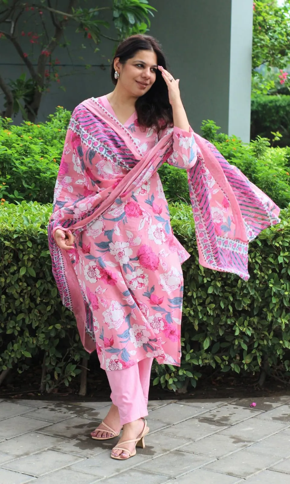 Women Trendy Fashionable Printed Cotton MULTI PINK Kurti With Pant and Dupatta By SRF JAIPUR