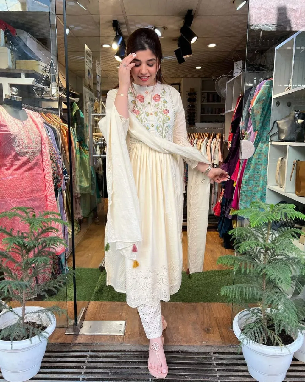 Women Cotton Doby Siply Work Kurti with Pant & Dupatta | Kurti Set for Women & Girls Off White