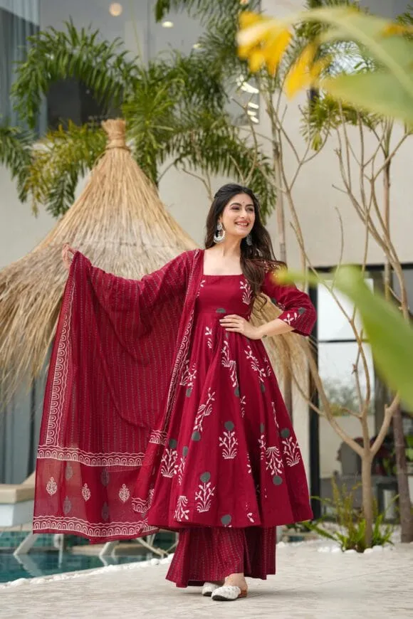 Maroon Blossom Anarkali Set