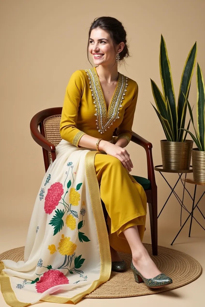 woman wearing a stylish mustard yellow ethnic outfit with intricate embroidery on the neckline and a white dupatta