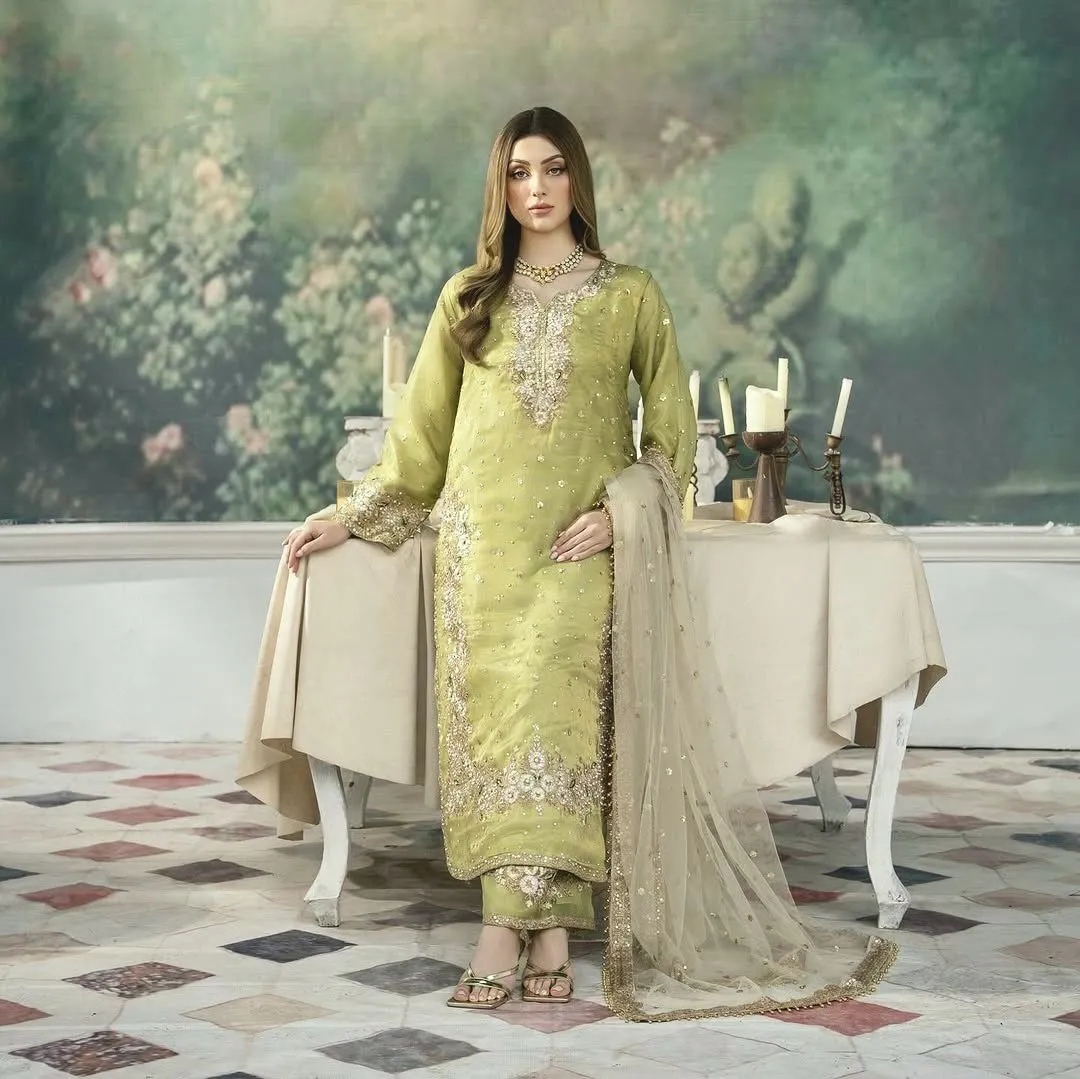 Golden Olive Embellished Pakistani Suit Set