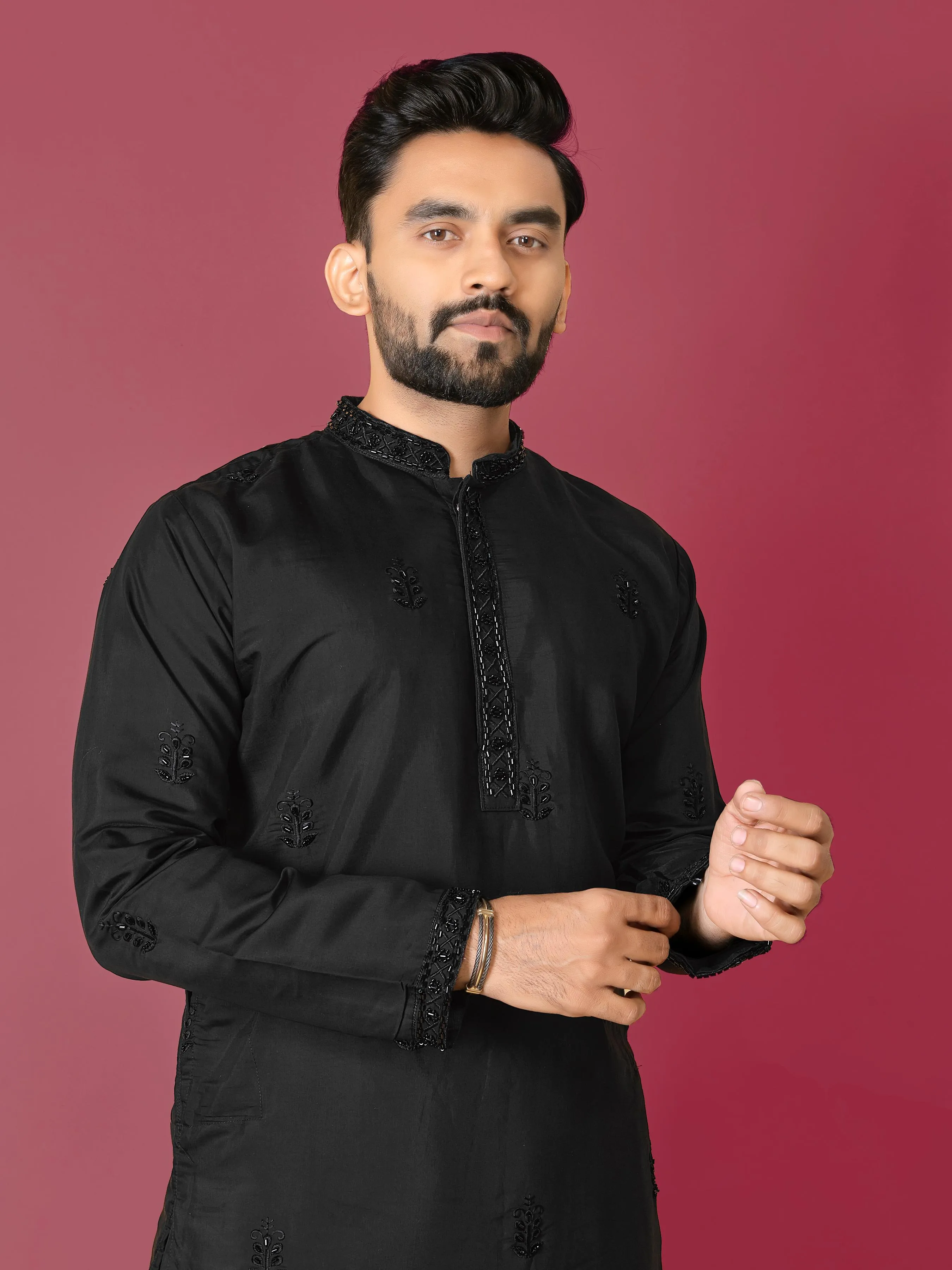 Classic Black Embroidered Kurta With White Pajama
