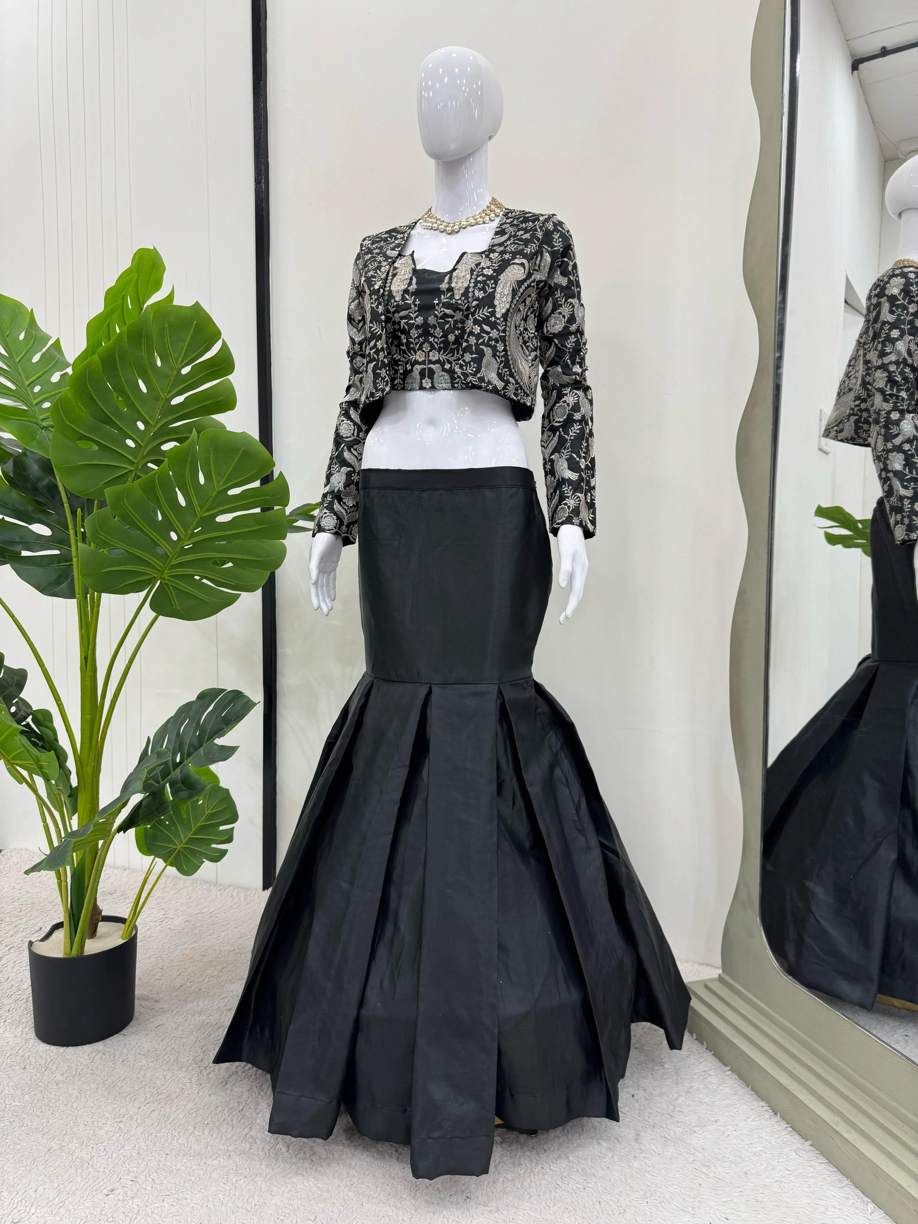 Elegant Black Mermaid Lehenga with Embroidered