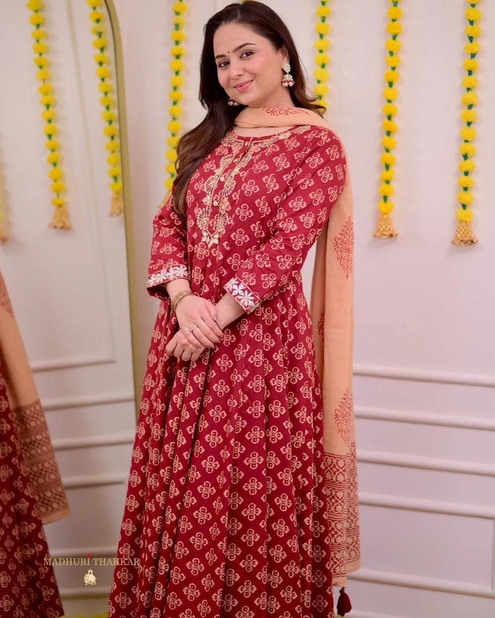 Maroon Ethnic Anarkali Kurta with Beige Dupatta
