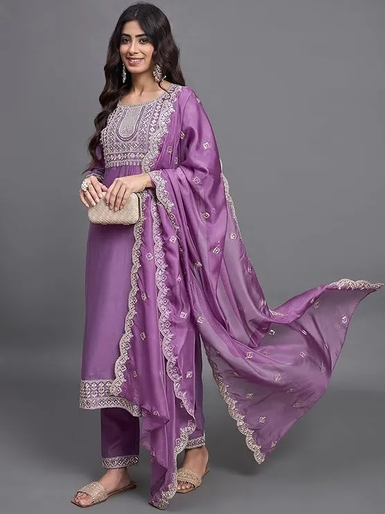 Lavender Silk Embroidered Kurta Set with Dupatta