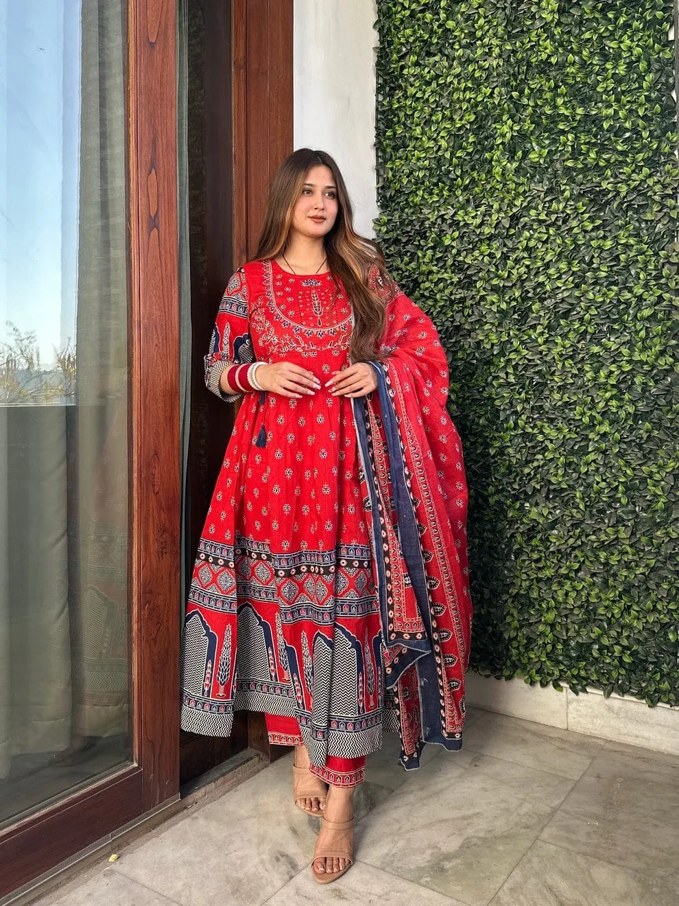 Royal Red Ajrak Style Anarkali
