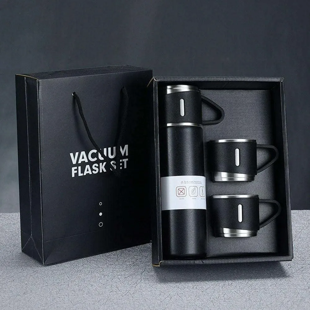 Vacuum Flask Set with 2 Cups, Double Wall Stainless Steel Thermo 500ml Vacuum Insulated Bottle Water Flask Gift Set with 3 Cups, Corporate Gifts for Employees Diwali Gift