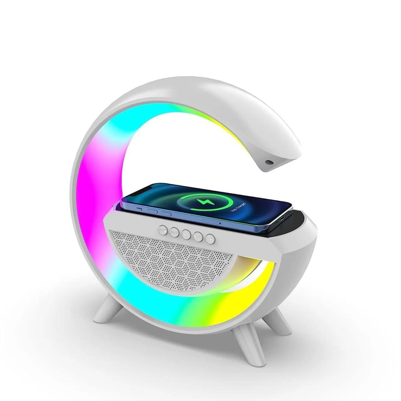 G-Shape LED Wireless Charging Speaker Lamp with Bluetooth, FM Radio, 6 RGB Music Sync Lighting Mode, Bedroom Office Birthday Gift