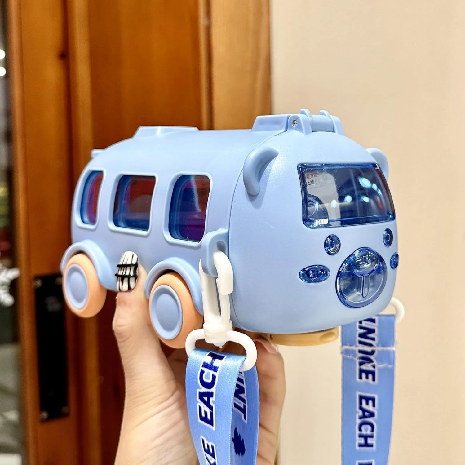 Cute Bus Water Bottle for Kids with Strap, Sipper & Straw