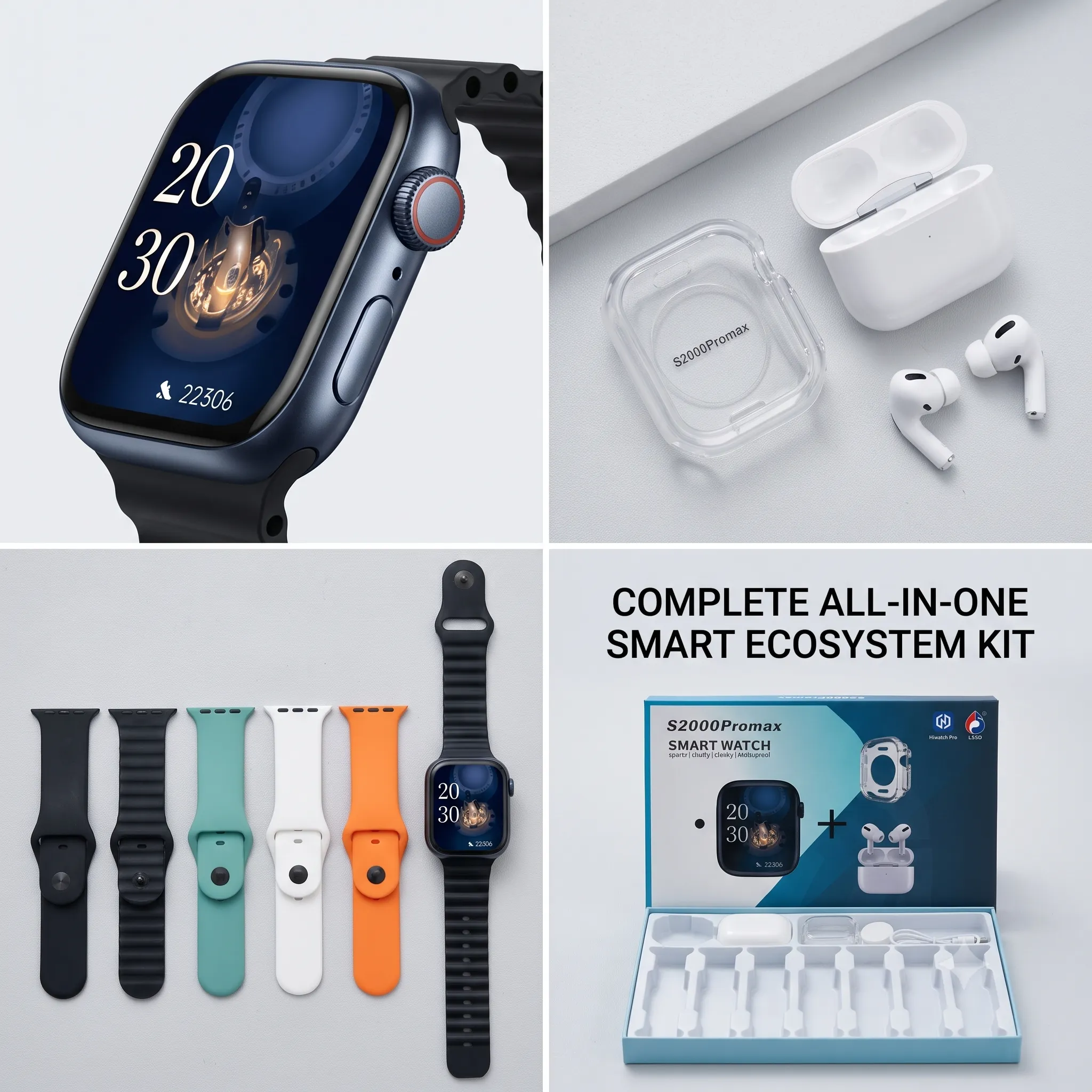S2000 Promax Smart Watch Combo with Wireless Earbuds & 7 Multi-Color Straps